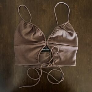 White Fox Boutique Brown Ribbed Strappy Crop Top Shirt Blouse Small